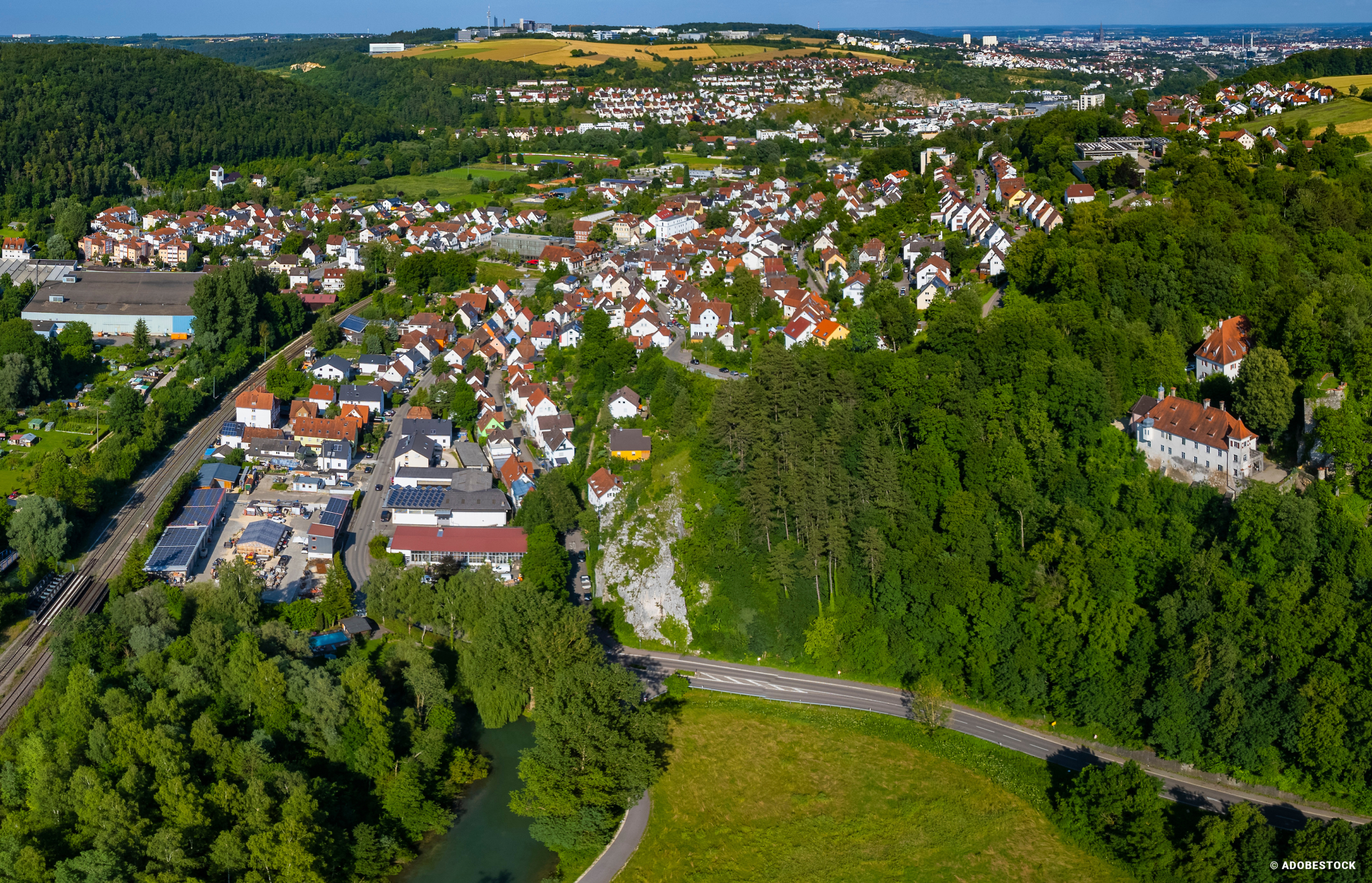 Aerial view of the city Blaustein close to ulm in Germany on a s